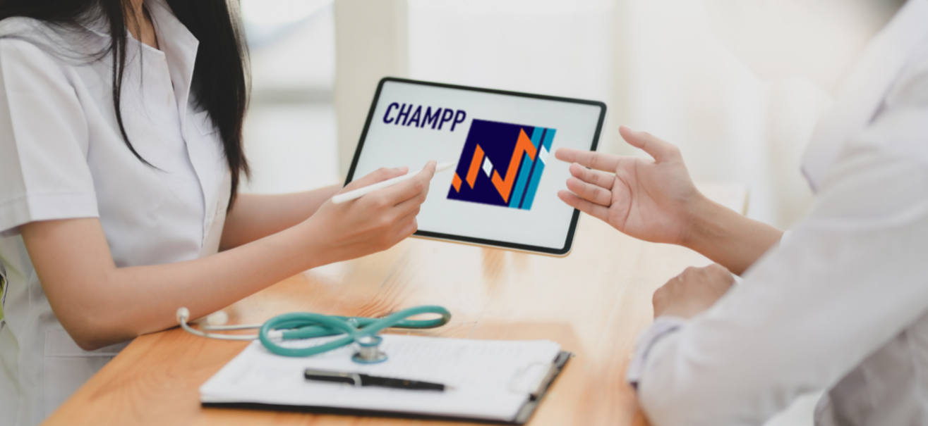 A doctor pointing out the CHAMPPP logo to a patient